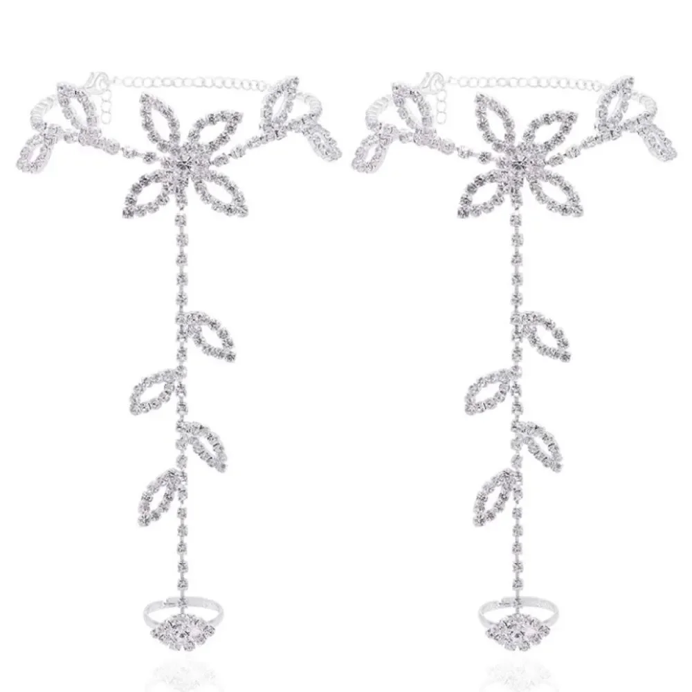 Silver and White Diamond Austrian Crystal Leaf Anklet Foot Chains - Set of 2